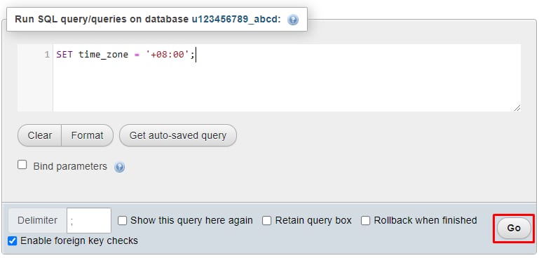 phpMyAdmin SQL query box with SET time_zone = '+08:00'; and the Go button highlighted