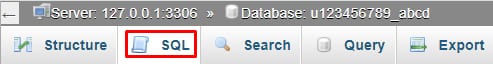 phpMyAdmin SQL tab highlighted next to Structure, Search, Query and Export on a database page