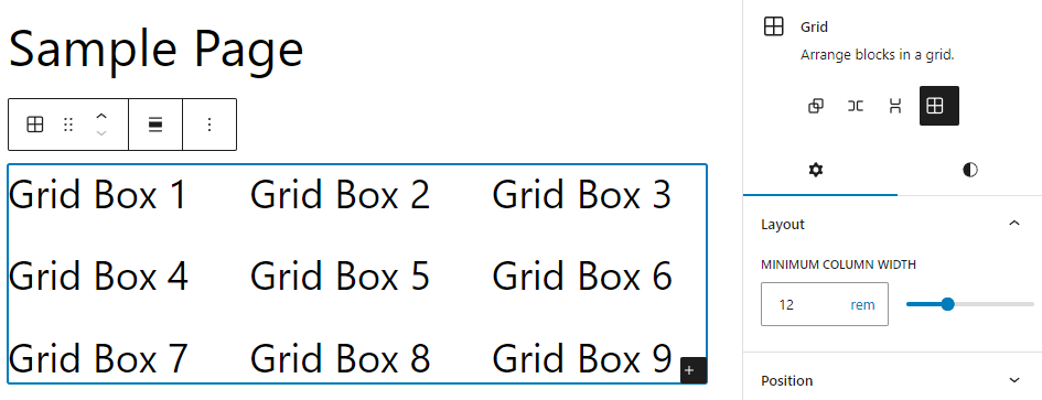 An example of the grid block on the page editor