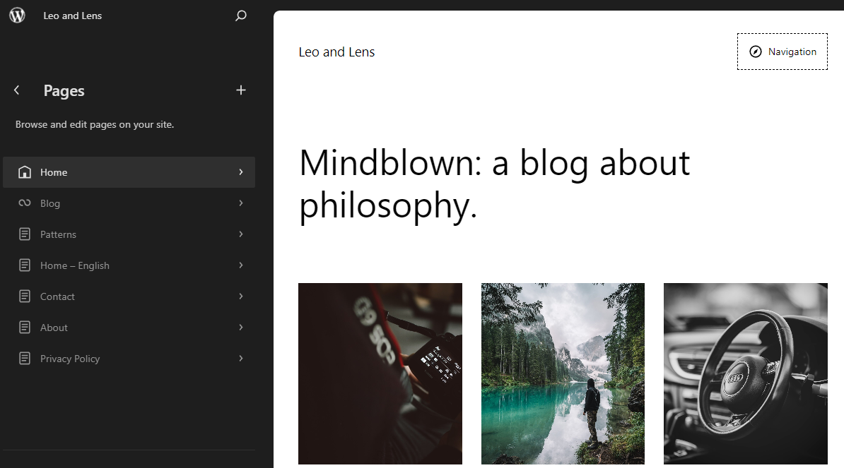 WordPress site editor with the page navigation shown