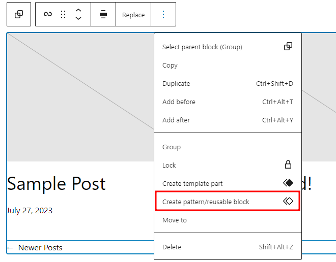 The create pattern reusable block option in the block toolbar menu