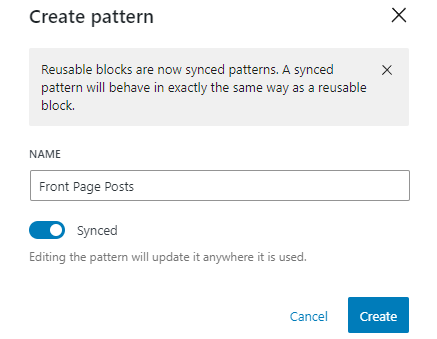 The interface to create a pattern, containing the text field for the pattern name and a toggle switch for synced or unsynced options