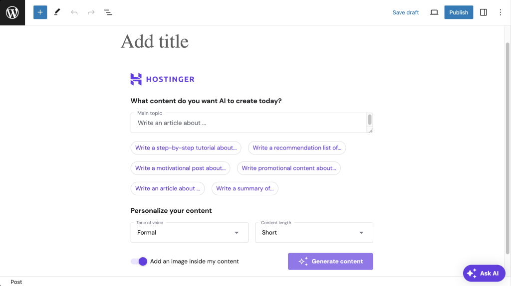 Using Hostinger AI Content Creator in Gutenberg block editor.