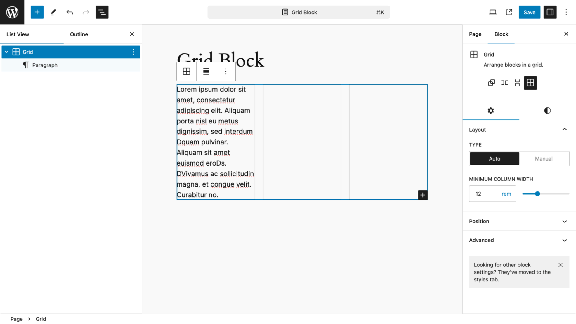 Grid block on the editor interface