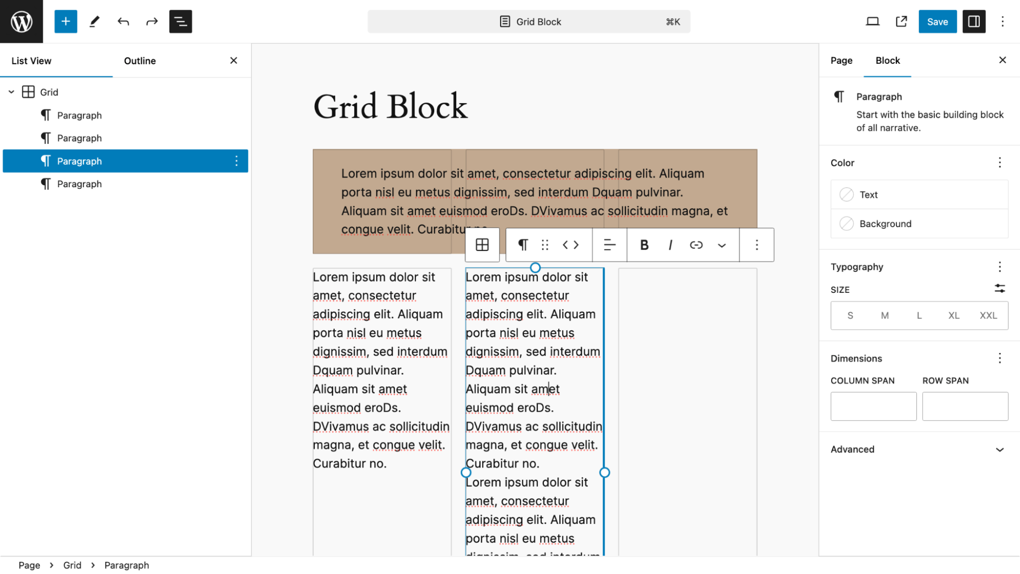 Selecting a grid to adjust the span