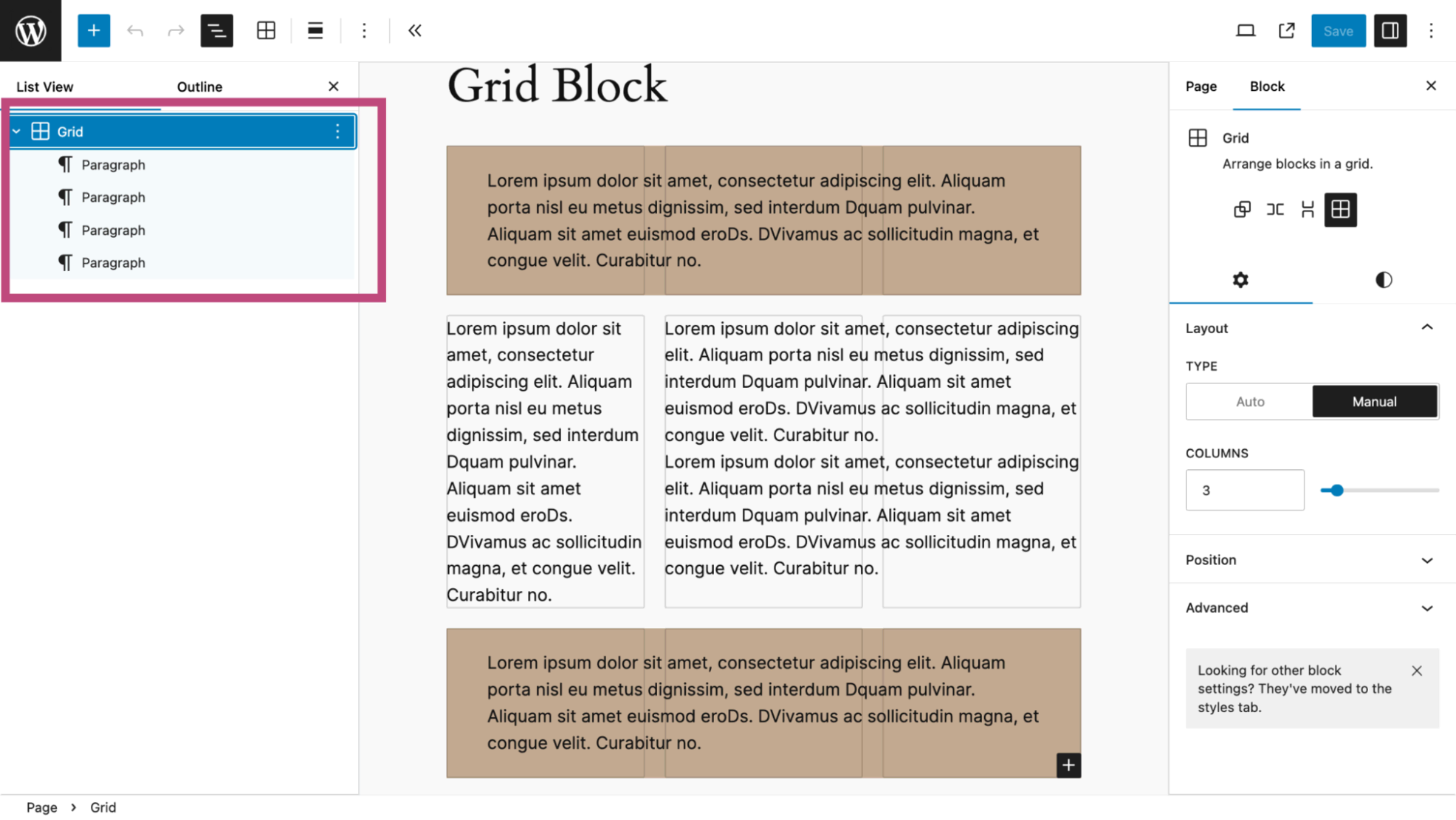 The entire content of the grid block, consisting of four paragraph blocks