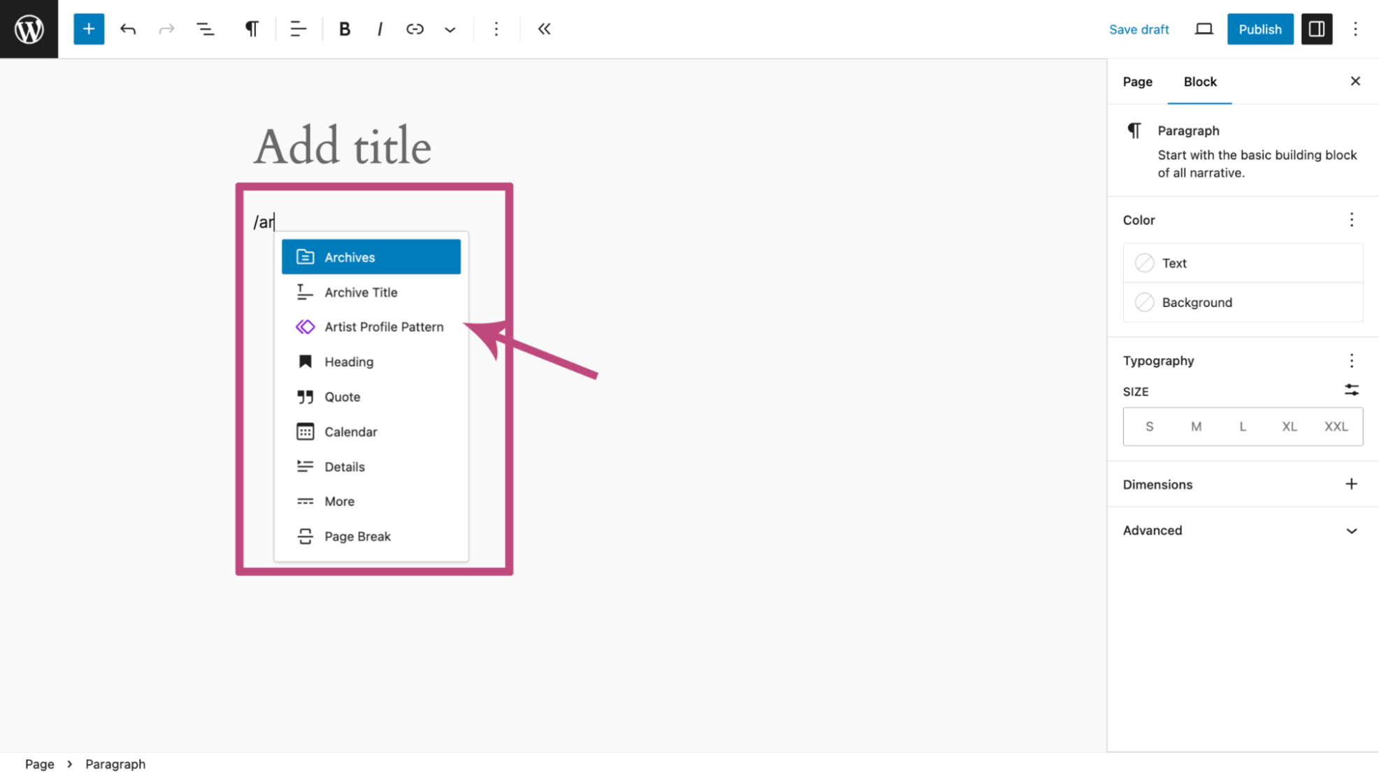 Inserting the artist profile pattern on the editor interface