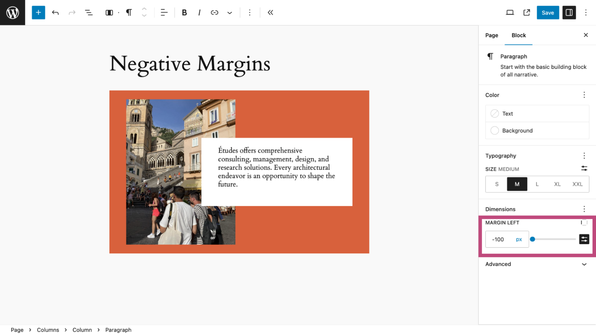 Setting a negative margin for a block