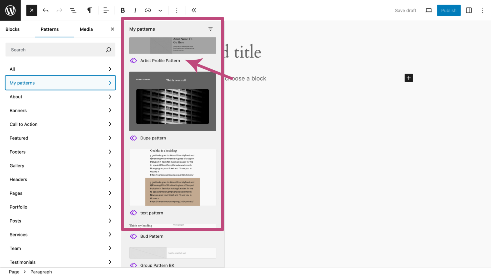 Adding the artist profile pattern through the pattern library