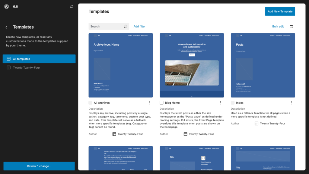 The template library view in WordPress 6.6