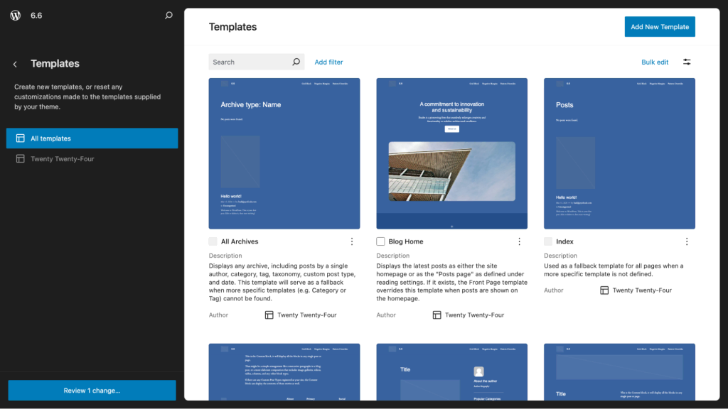 The template library view in WordPress 6.6