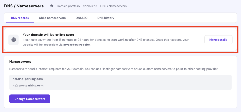 DNS / Nameservers dashboard now shows DNS propagation status. 