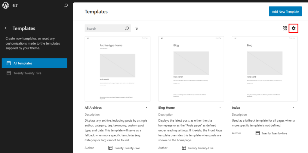 The pattern settings button on the pattern library