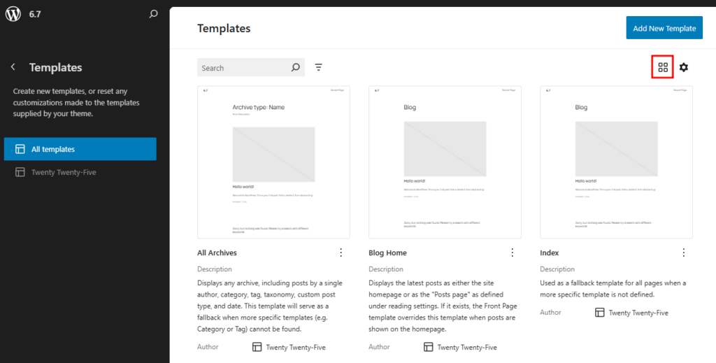 The pattern view options button on the pattern library