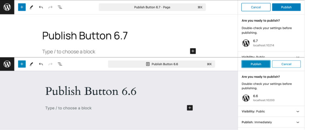 The comparison of publishing buttons in WordPress 6.7 and WordPress 6.6