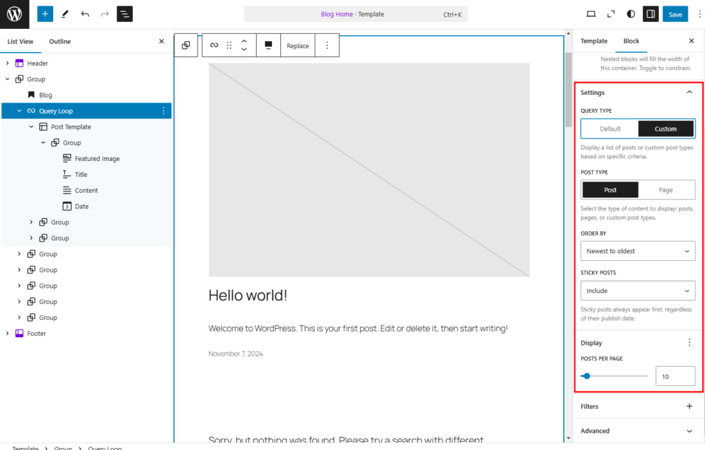 The new query loop settings, showing a revamp options to simplify the workflow