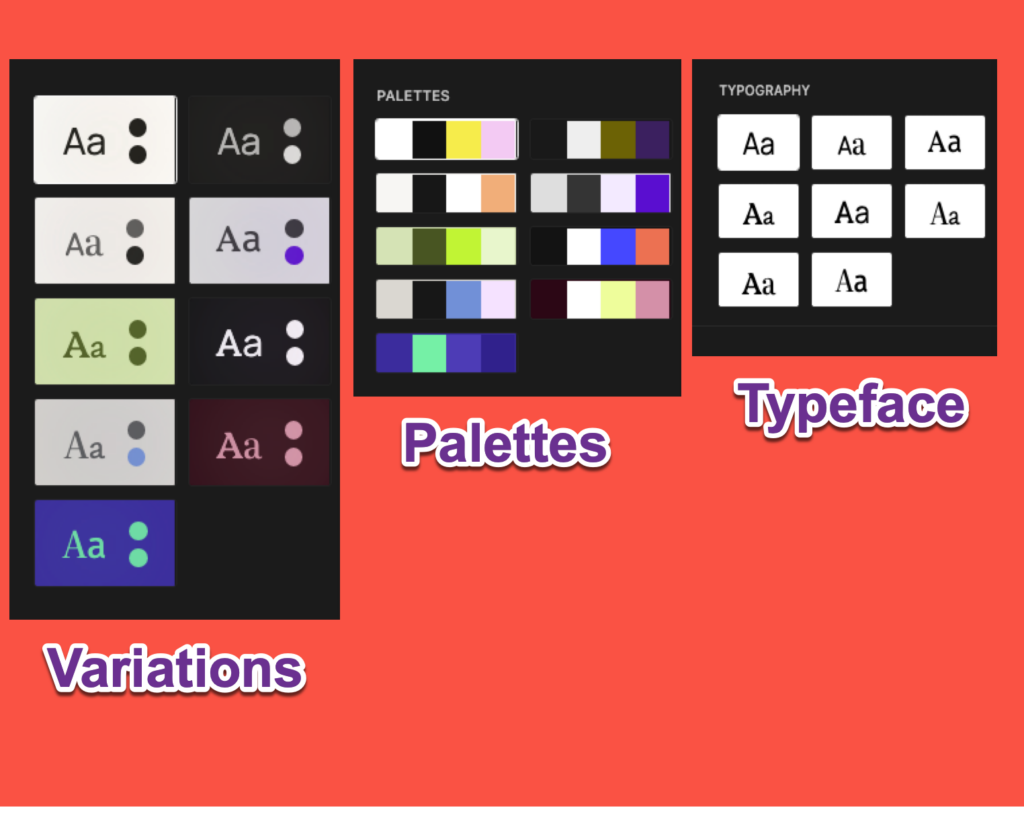 Available style variations, palettes, and typeface in WordPress 6.7