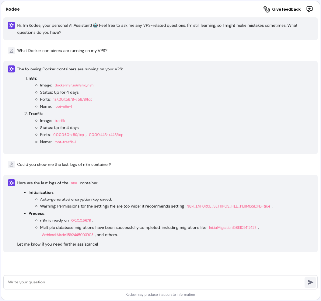VPS Kodee answering questions about Docker containers.