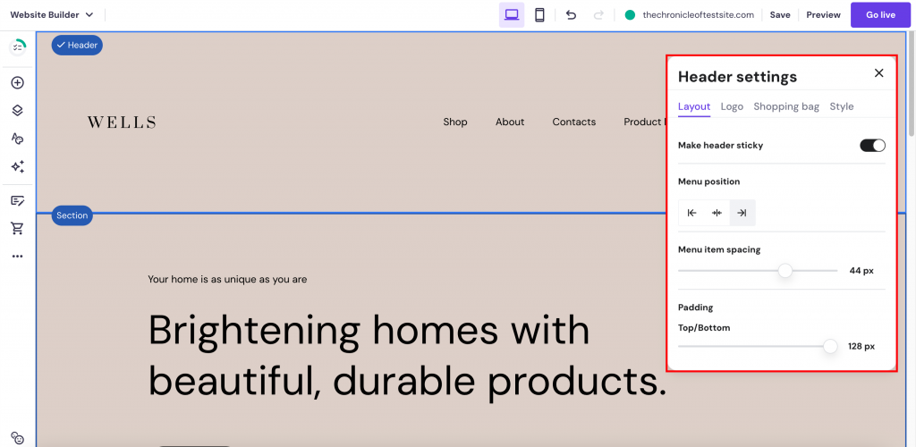 Configurações de cabeçalho do construtor de sites da Hostinger