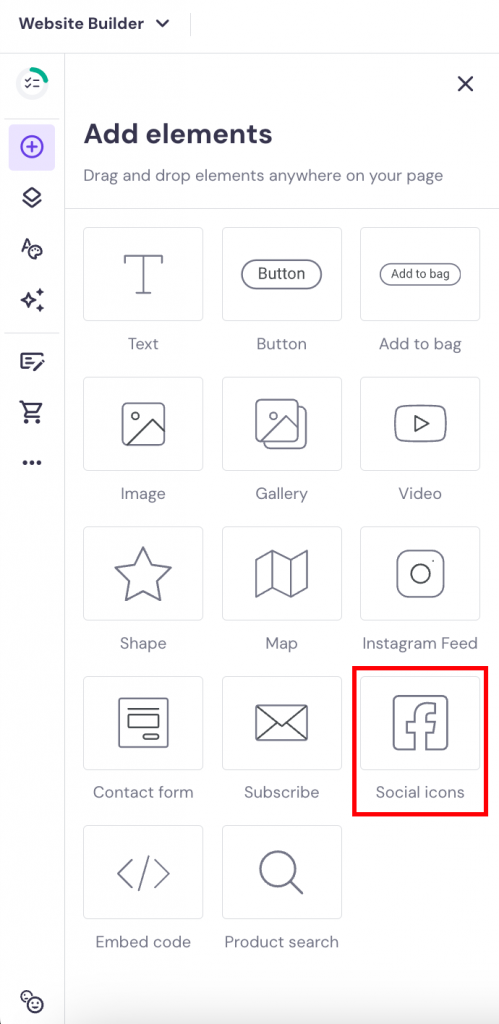 Elemento de ícones sociais do Construtor de Sites da Hostinger