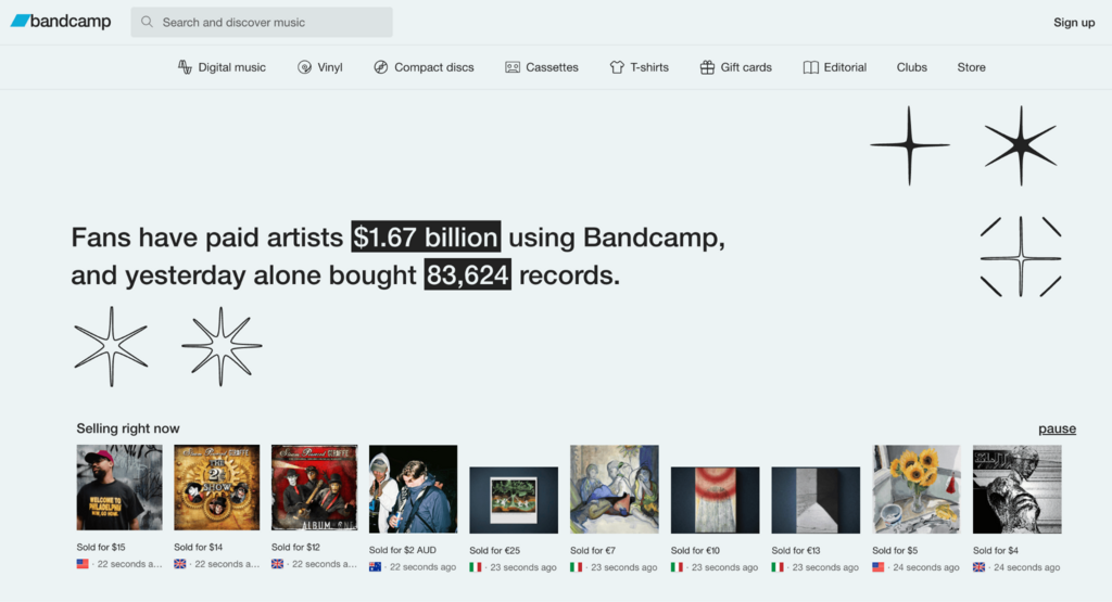 Page d’accueil de Bandcamp