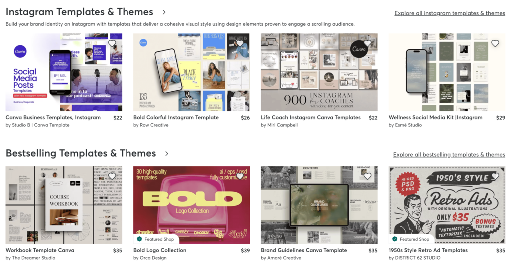 Liste des modèles vendus sur Creative Market
