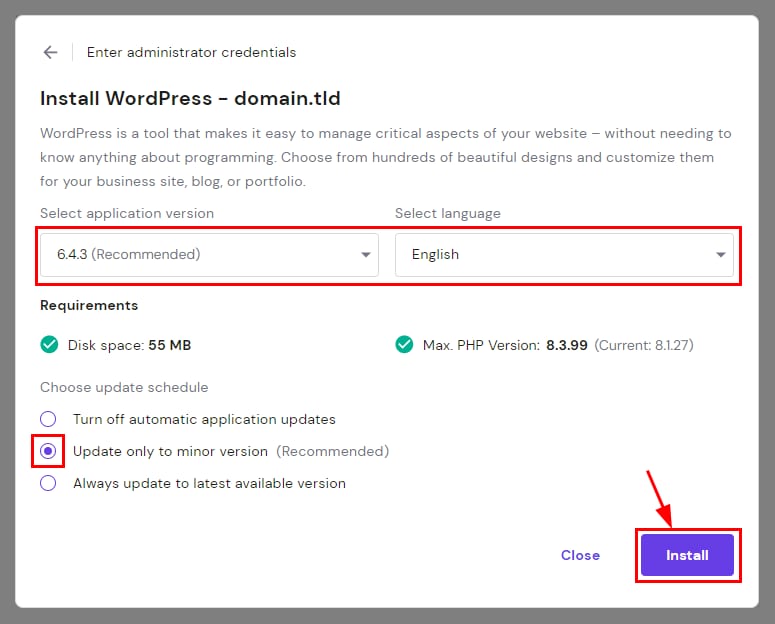 Hostinger WordPress install window with version, language, update option, and Install button highlighted