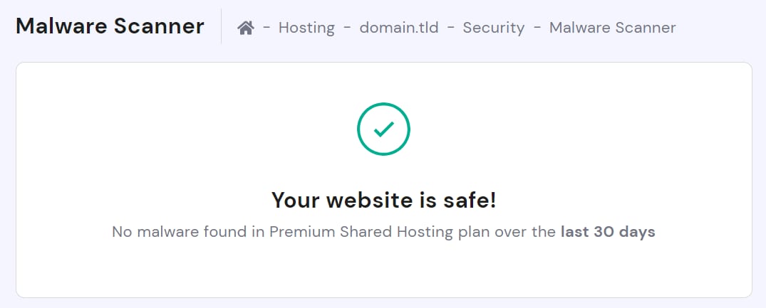 Hostinger Malware Scanner shows website safe, no malware found in last 30 days