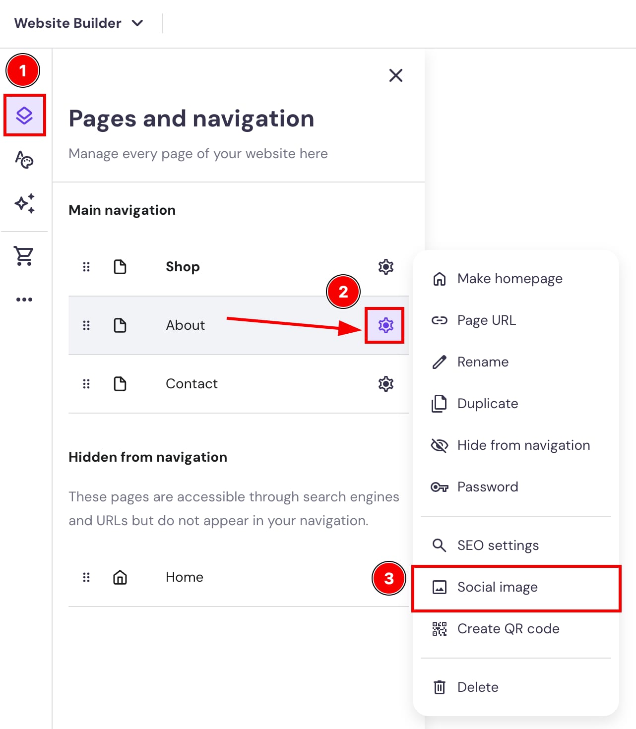 Hostinger Website Builder page settings menu with Social image option highlighted