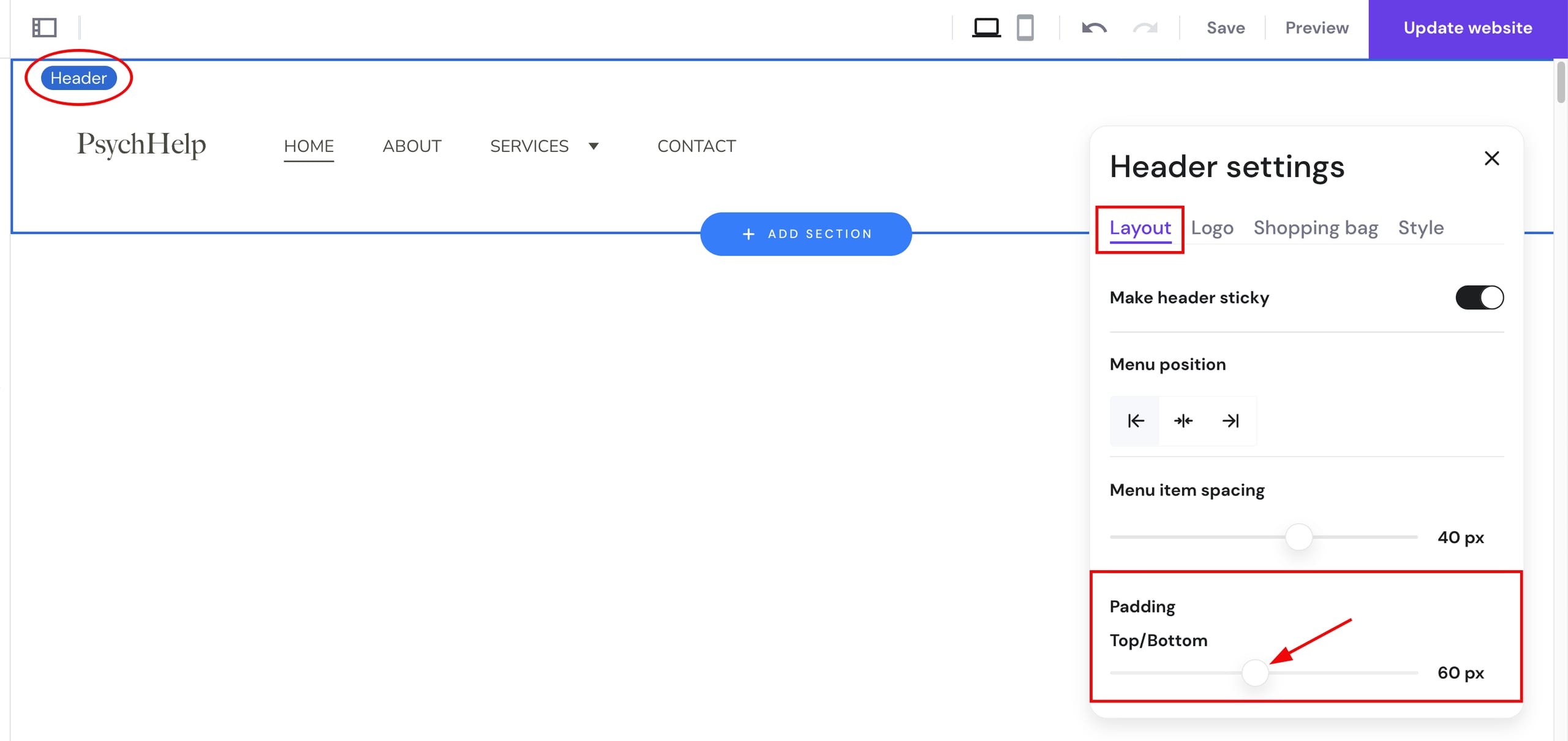 Hostinger Website Builder header settings with the Padding top/bottom slider highlighted