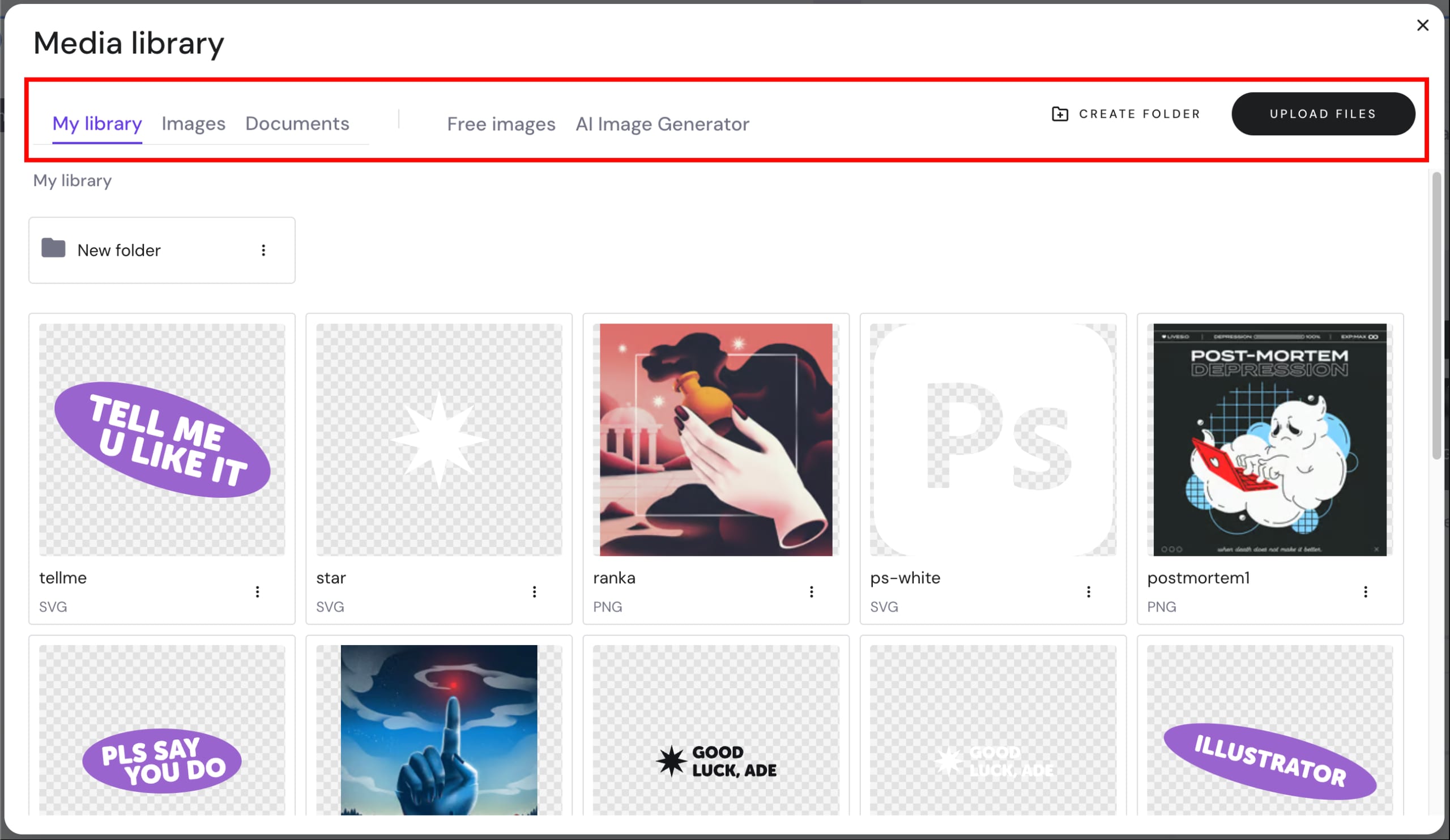 Hostinger Media library with My library tab and Upload files button highlighted