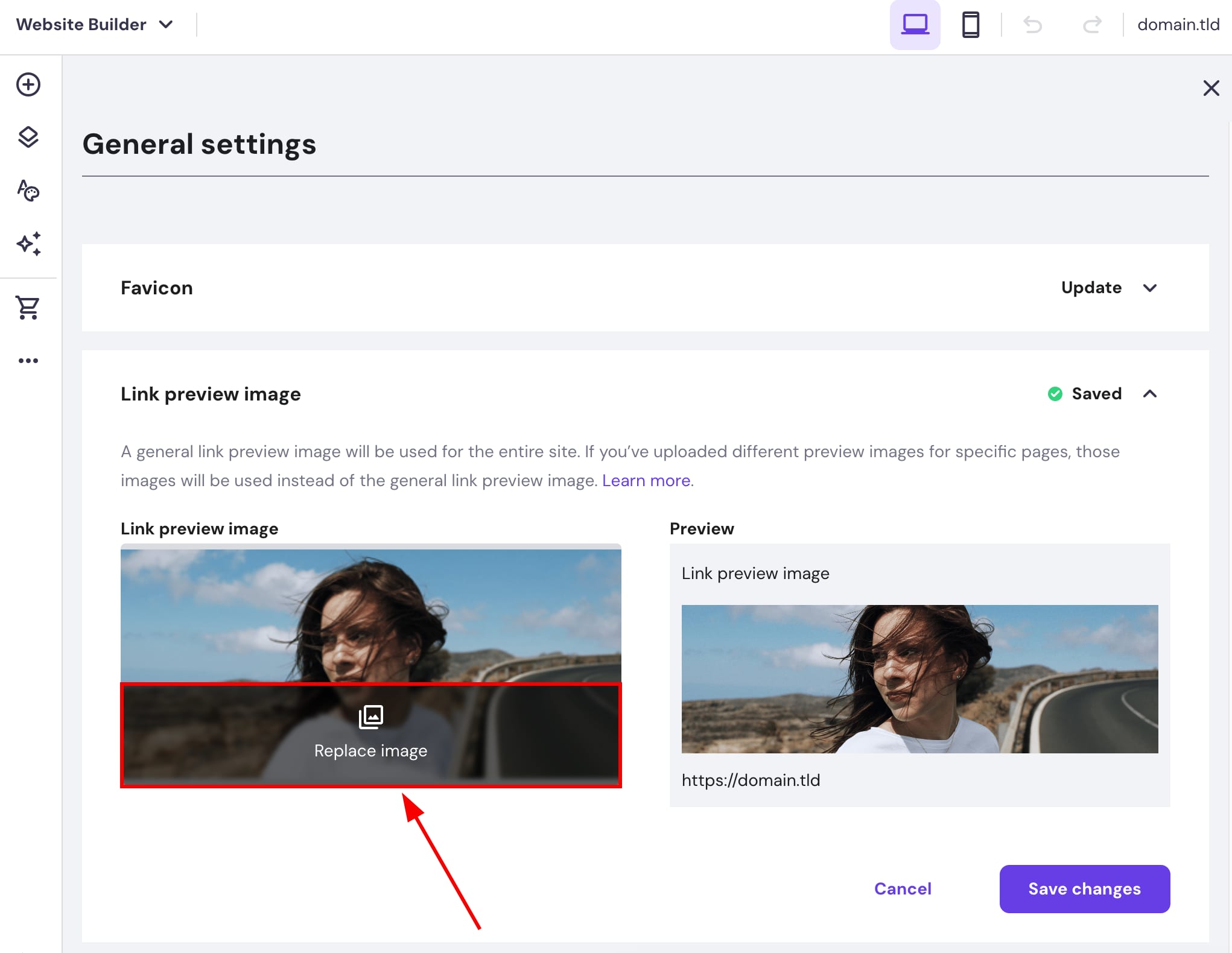 Website Builder general settings with highlighted Replace image button for link preview image