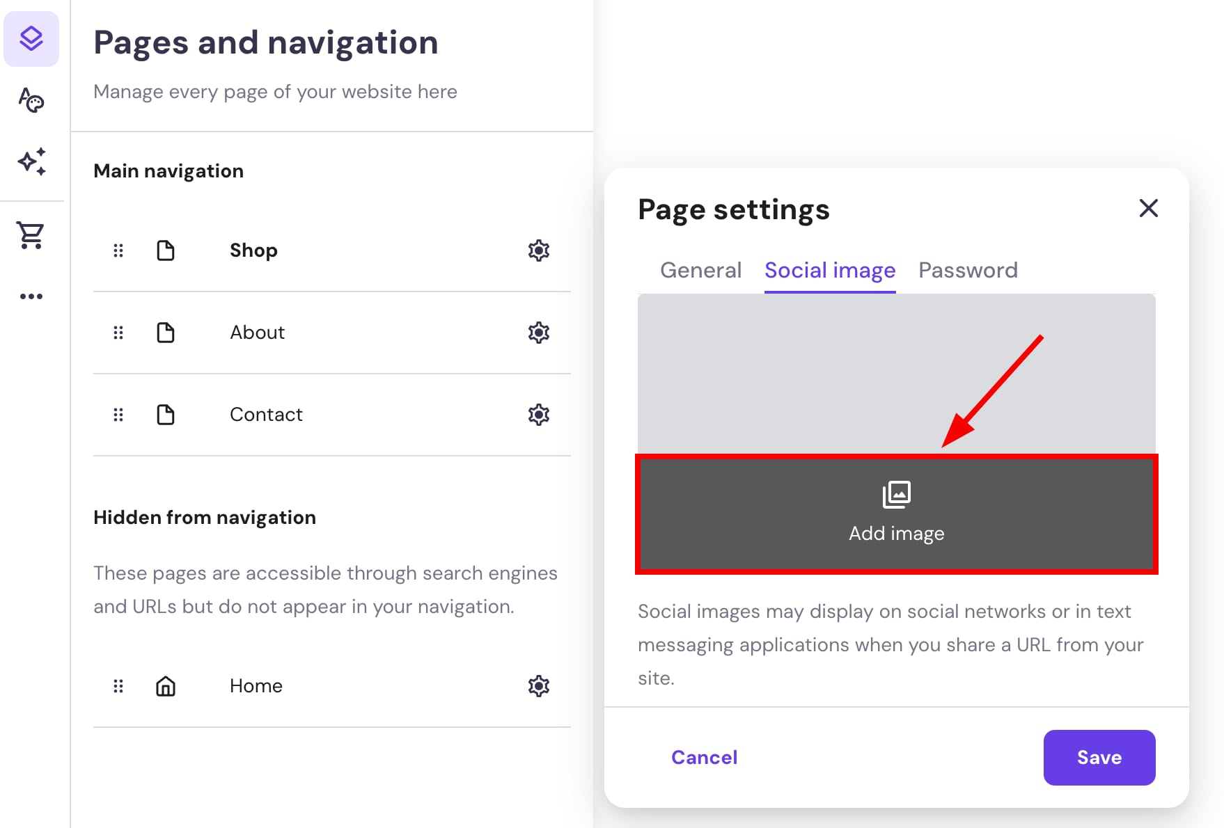 Page settings Social image tab with Add image button highlighted