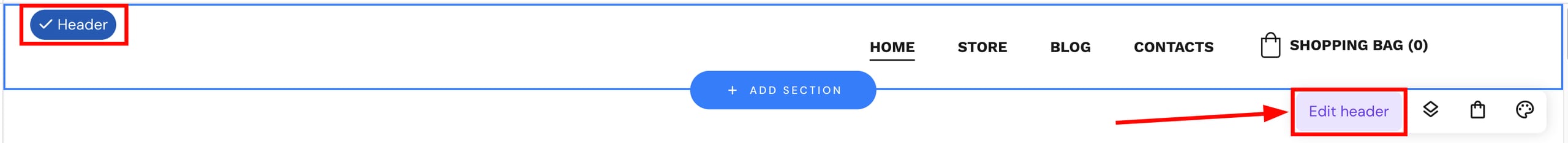 Hostinger Website Builder header section with the Edit header button highlighted