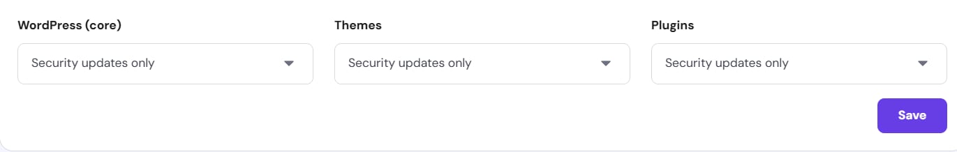 Hostinger auto-update settings with WordPress, Themes, and Plugins set to Security updates only; Save button highlighted
