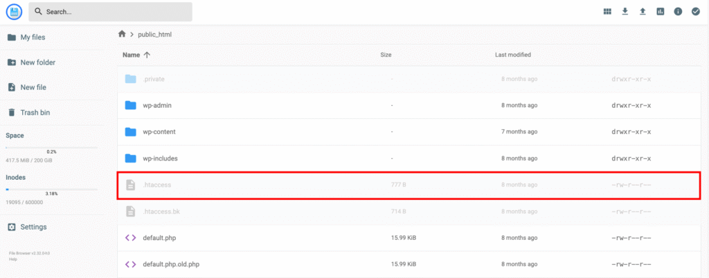 Hostinger's File manager interface, highlighting the .htaccess file