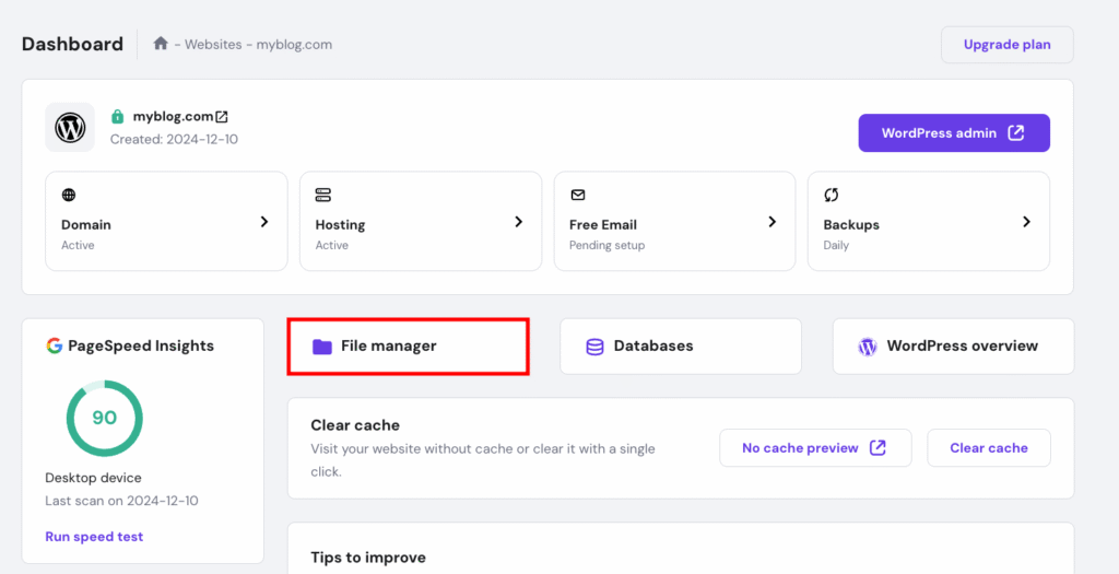 hPanel dashboard, highlighting the File manager menu