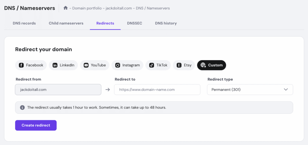 Domain forwarding section in hPanel, redirecting a domain not linked to any website