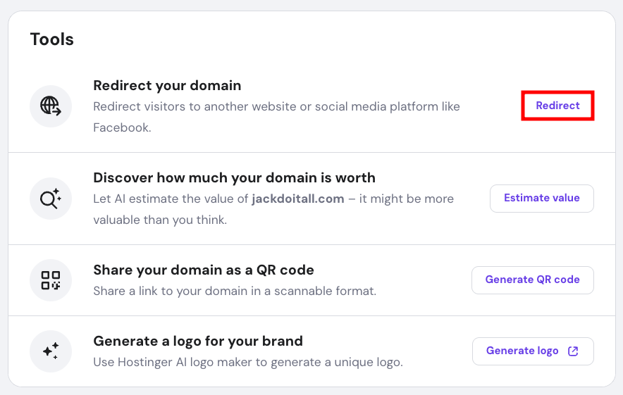 The Tools section within hPanel's Domain Overview page