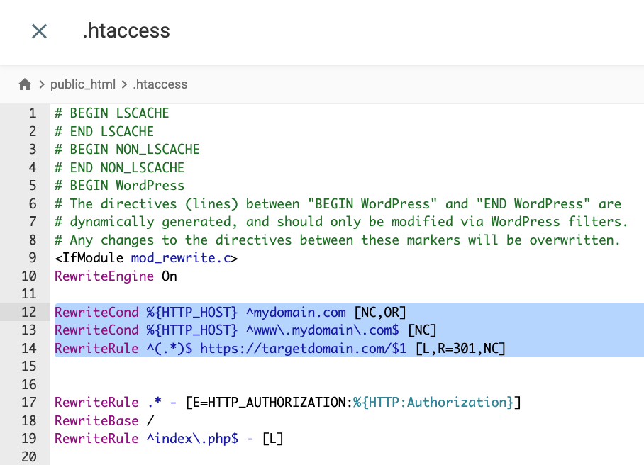 .htaccess file, highlighting redirect rules