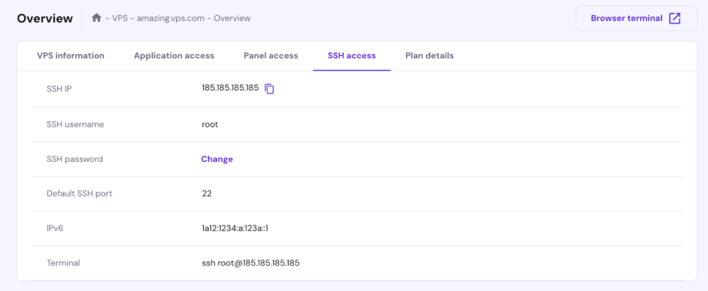 SSH Access tab on hPanel's VPS overview menu