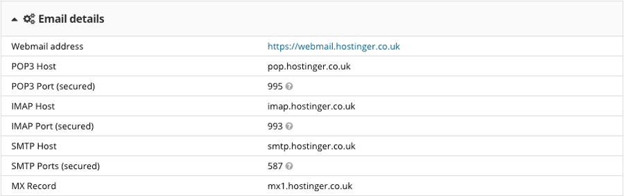 SMTP, IMAP, and POP3 details on Hostinger