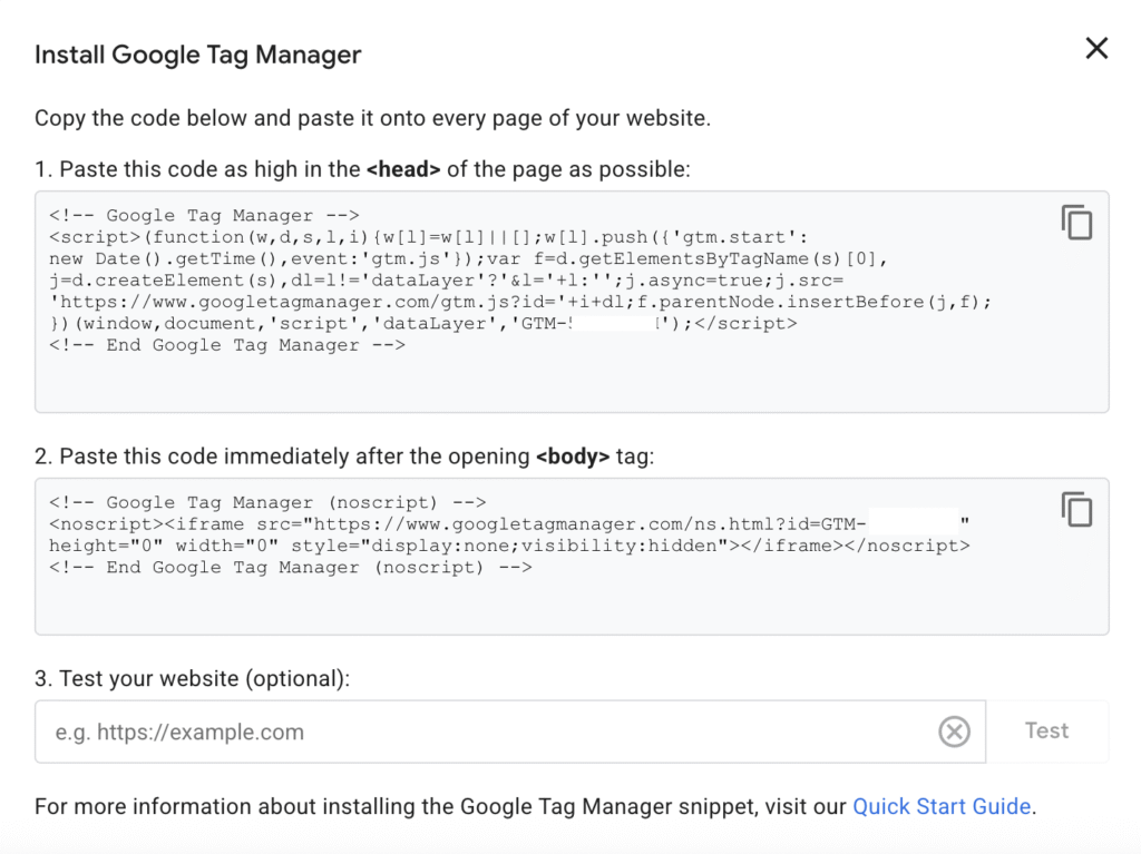 Code snippets to install Google Tag Manager