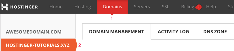 Managing domain names through Hostinger