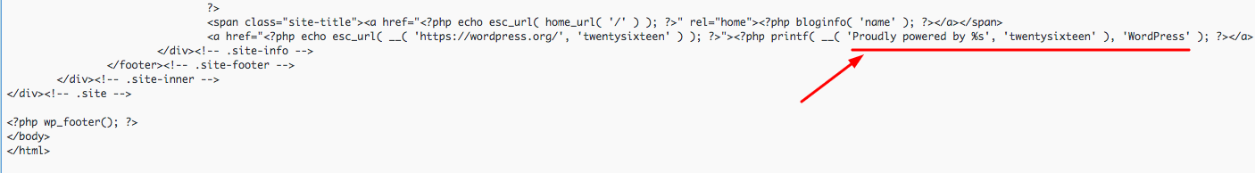 WordPress footer.php Powered by WordPress line
