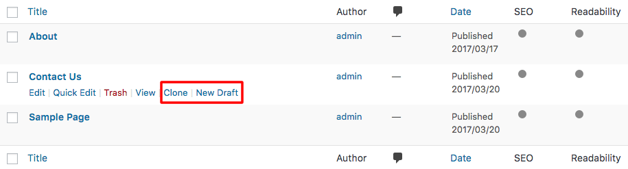 WordPress Clone Page và tạo New Draft