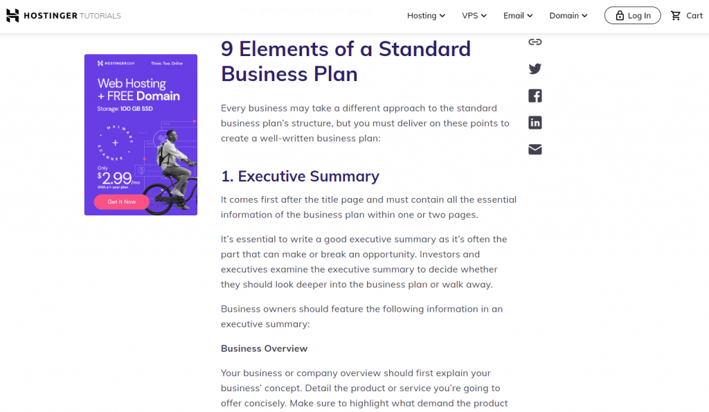 A Hostinger Tutorial article talking about elements of a business plan