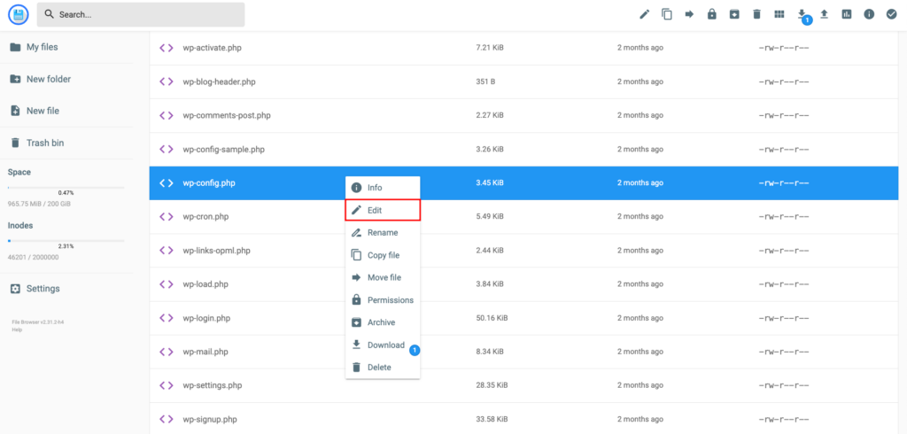 The wp-config.php file in File Manager with the Edit button highlighted