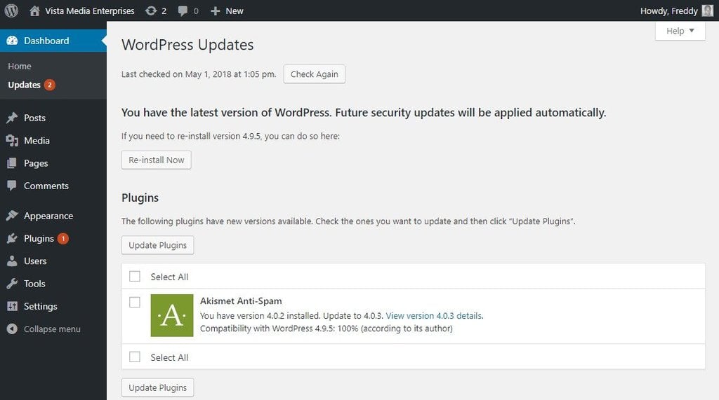 màn hình wordpress update