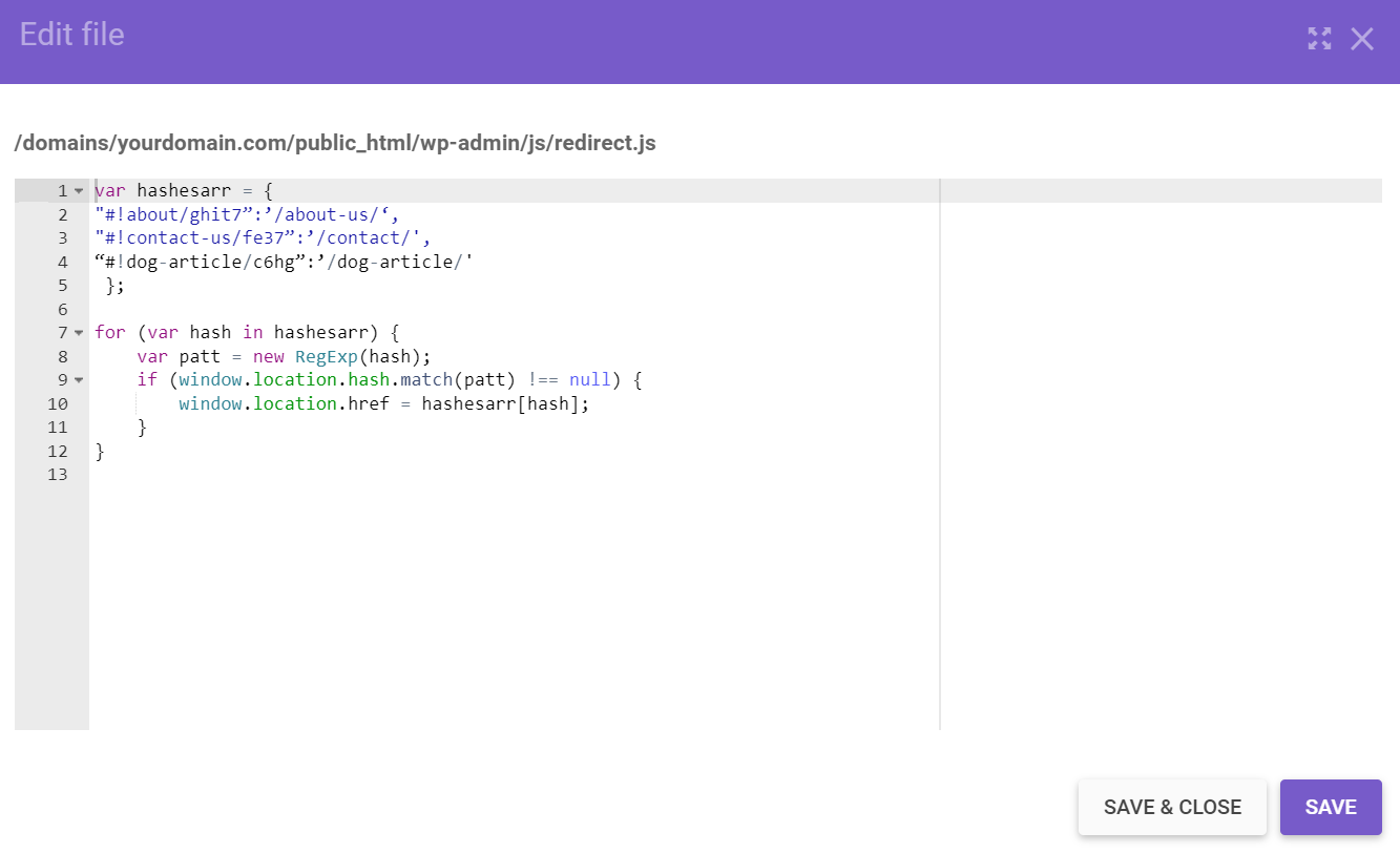 saving redirect.js code from hpanel's file manager